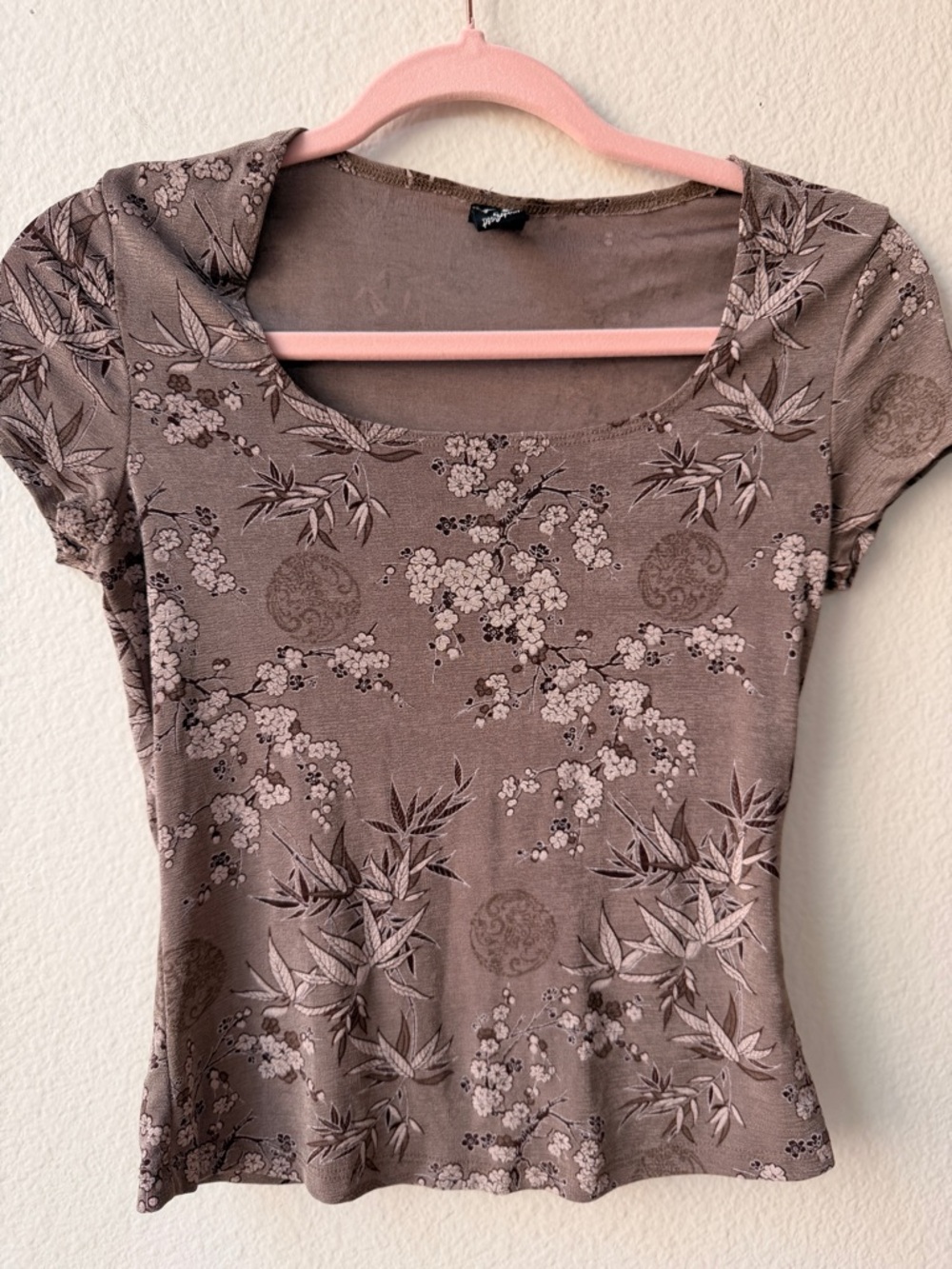 Y2K Brown‎ Floral Mesh Top Fairy Grunge Baby Tee Sheer Stretch Top